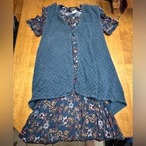 Floral Blue Dress with Knit Overlay